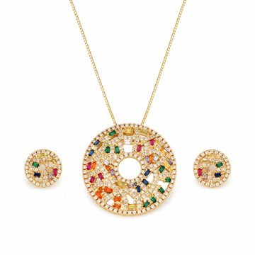 Conjunto Colar e Brinco Folheado a Ouro 18K e Prata Círculo Cravejado