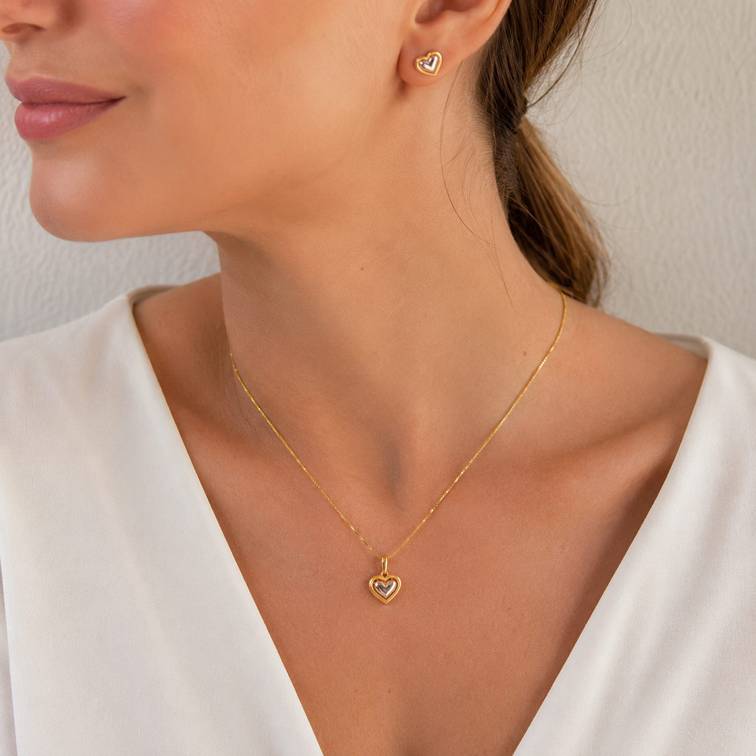 Conjunto Coração Dourado e Prata 18K